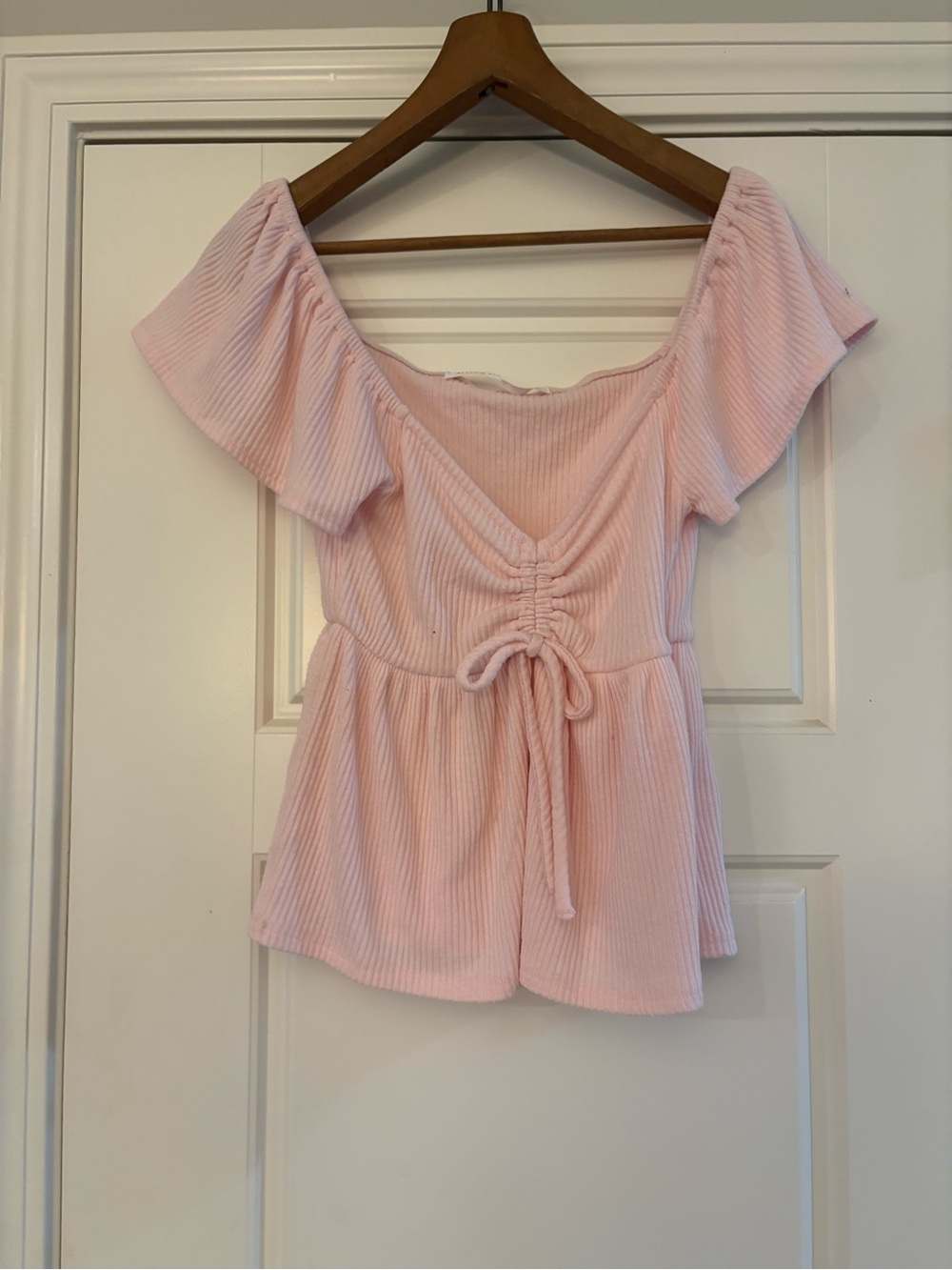 Altar'd State Light Pink Ribbed Off-Shoulder Tie-Front Crop Top